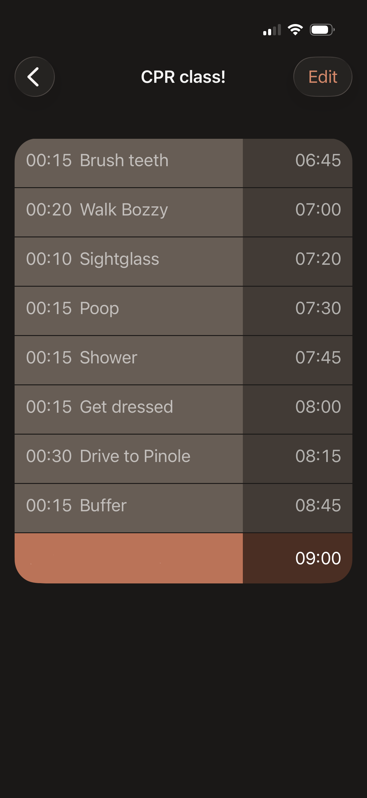 My CPR class plan in Ready Time, complete with a scheduled poop