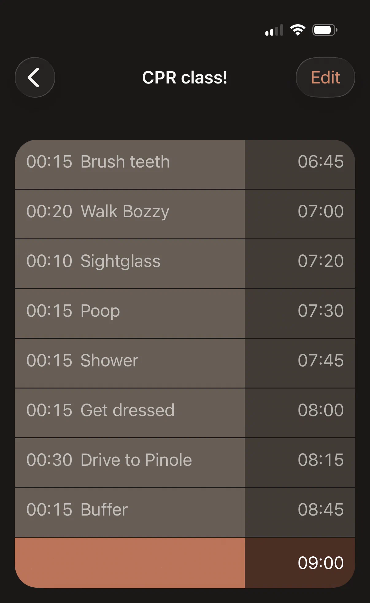 My CPR class plan in Ready Time, complete with a scheduled poop
