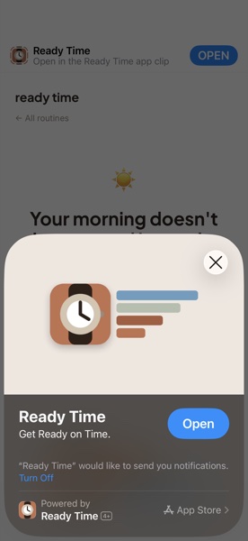 Screenshot of the Ready Time App Clip flow