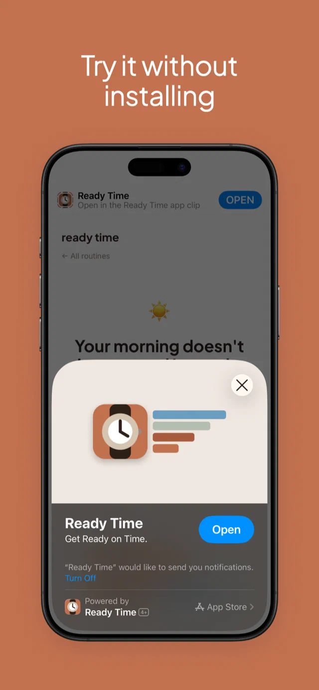 The Ready Time App Clip card opening from a routine page in Safari