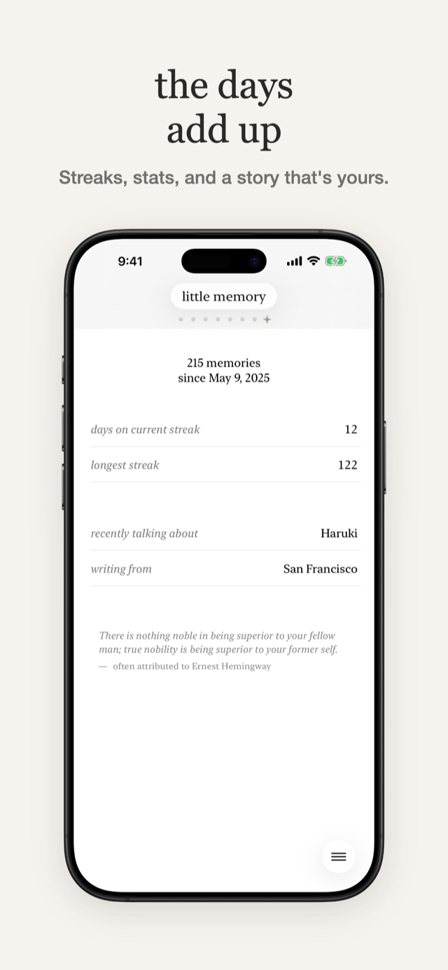 Little Memory 2.0 stats: streaks, people, and places from your year
