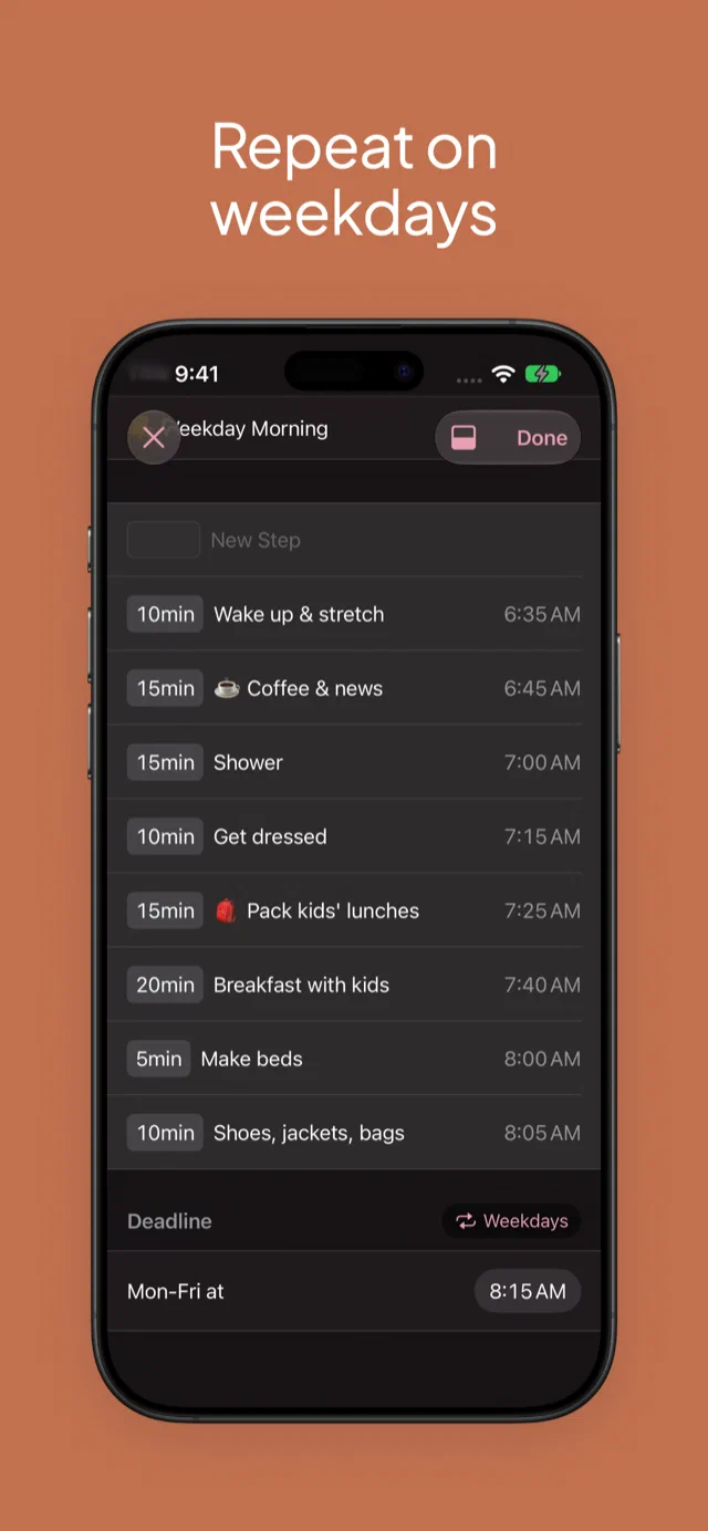 The plan editor with Repeat set to Weekdays, Mon-Fri at 8:15 AM