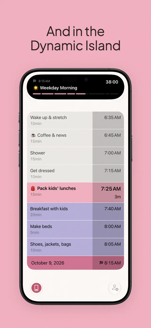 A Weekday Morning plan expanded in the Dynamic Island over the app