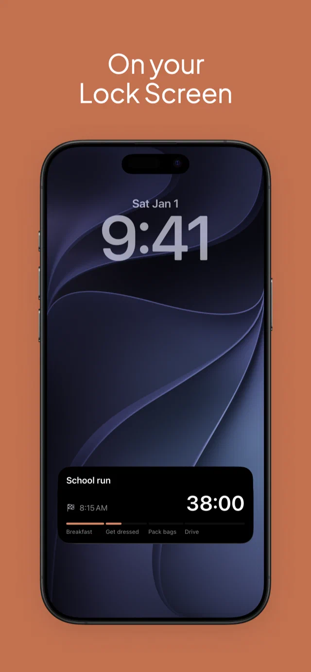 A School run plan on the Lock Screen, 38 minutes left with a bar for each step