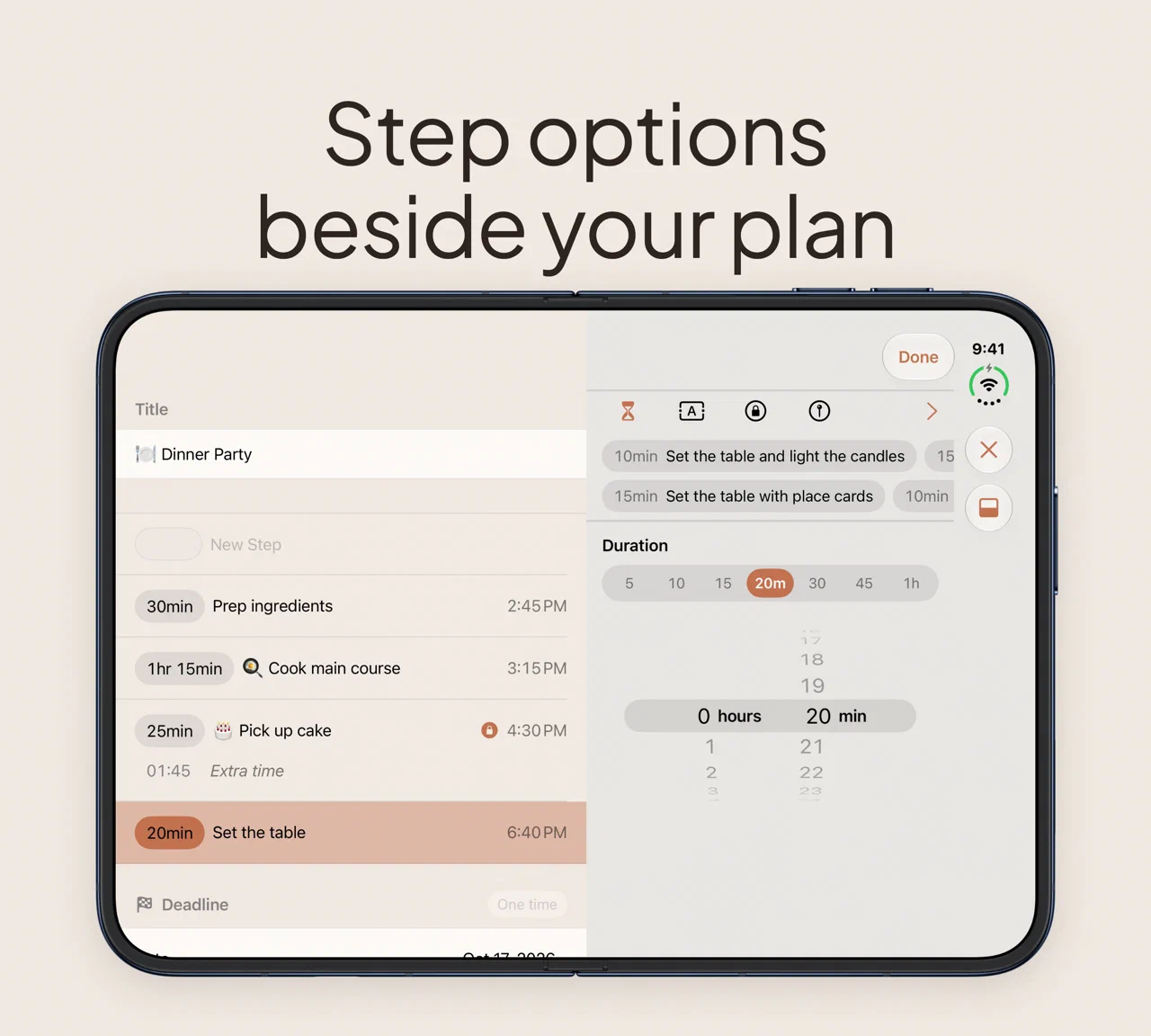 Editing a Dinner Party Plan on iPhone Duo, with the Set the table Step's duration presets and wheel in a panel beside the Steps