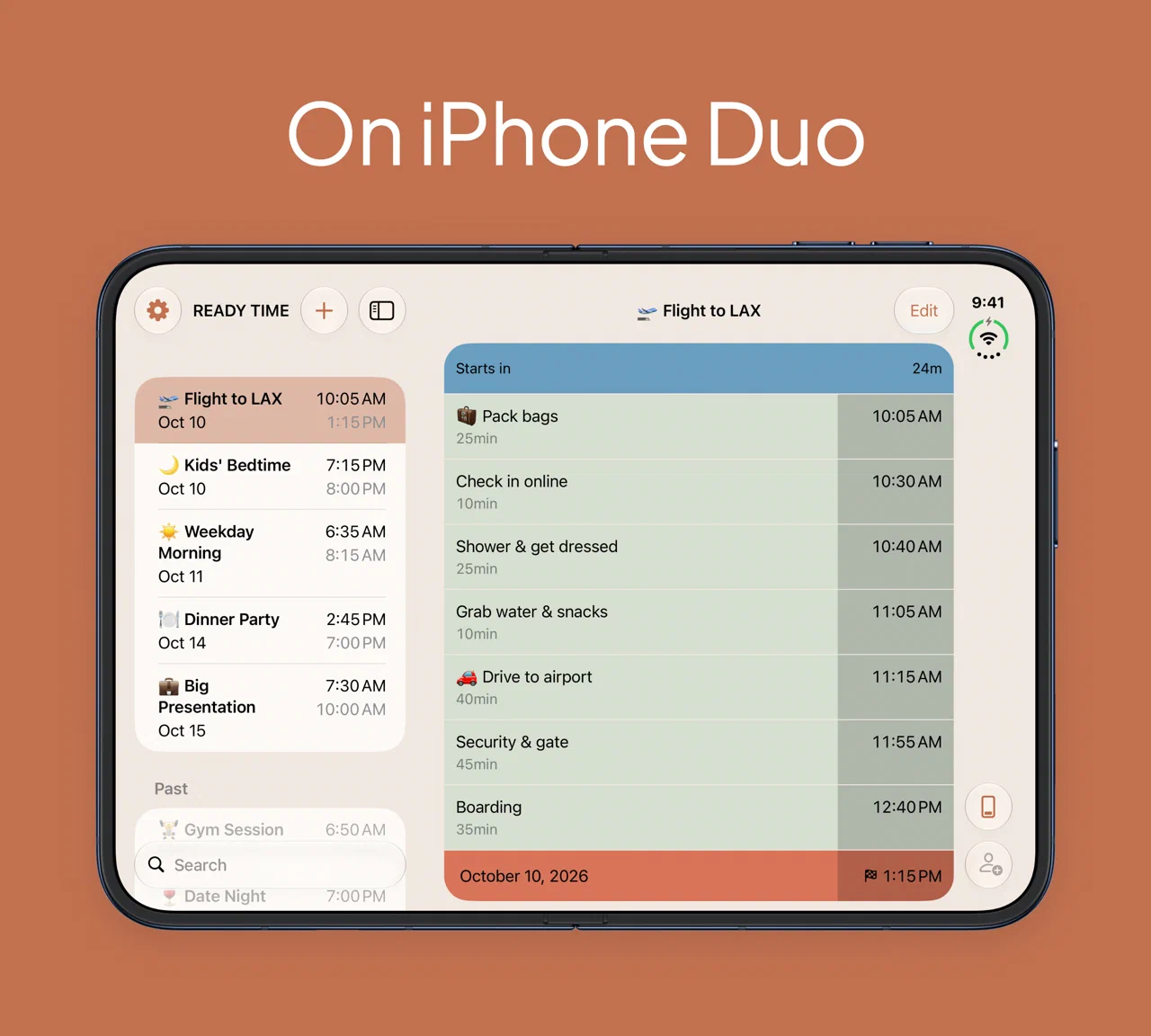 iPhone Duo open, with the Plan list beside a Flight to LAX Plan on the inner display