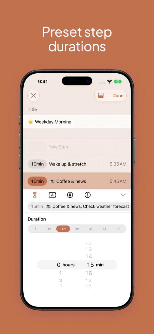 The Step Editor with duration presets from 5 minutes to 1 hour above the hours and minutes wheel