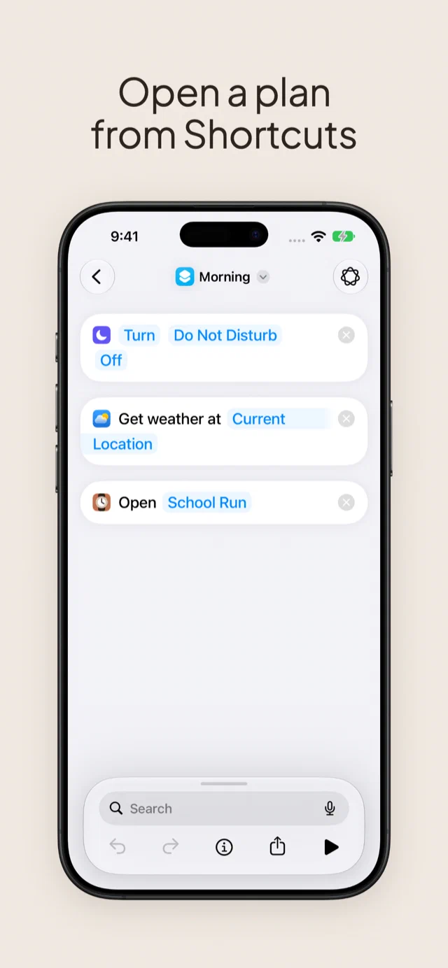 A Morning shortcut that turns off Do Not Disturb, gets the weather, then opens the School Run Plan in Ready Time