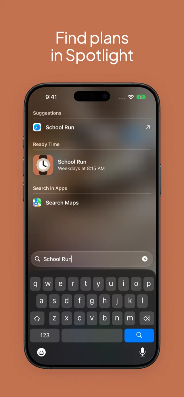 Spotlight search for School Run with the Ready Time Plan in the results