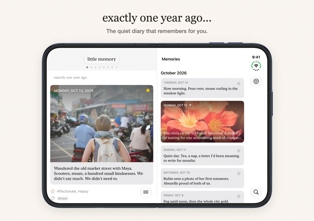 iPhone Duo open, with a memory from exactly one year ago on the left and this month's memories on the right