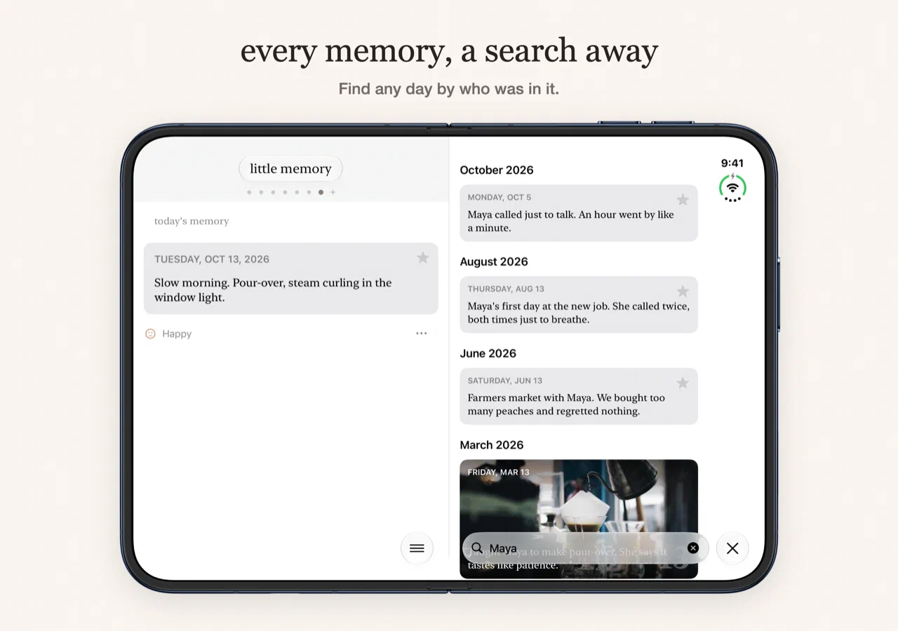 Searching for Maya on iPhone Duo, with today's memory on the left and every memory mentioning Maya on the right