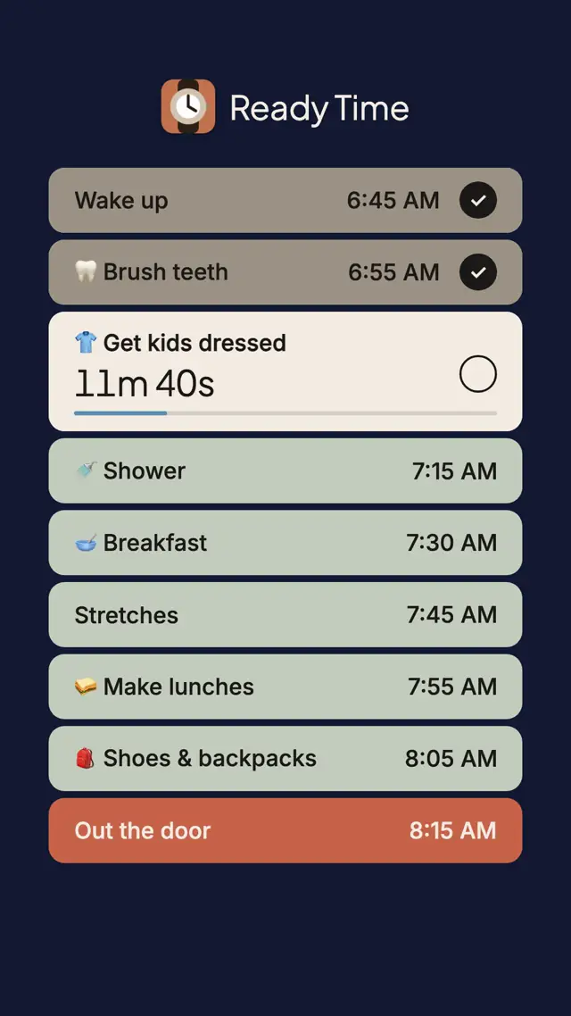 A school morning Plan in Ready Time. Get kids dressed is marked Done early, the Steps after it start sooner, and spare time appears before the 8:15 deadline. Then Shower gets 5 more minutes and the spare time shrinks, while the deadline stays at 8:15.