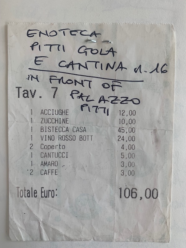 Receipt for Osteria dell'Enoteca with note for Enoteca Pitti Gola e Cantina
